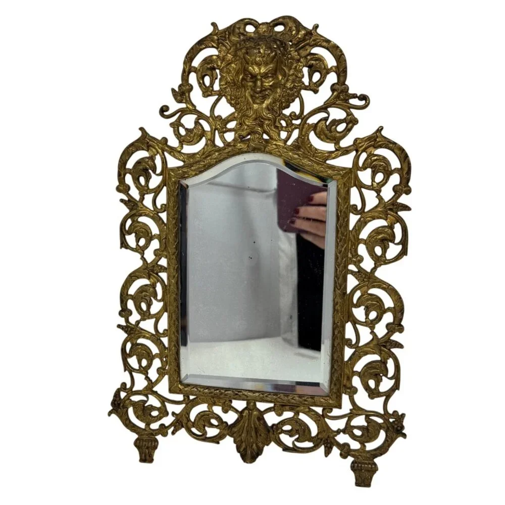 1800s Antique Victorian Bacchus Gilded Brass Wall Mirror Beveled Glass